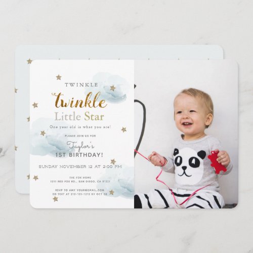 Twinkle Twinkle Little Star Blue Photo Birthday Invitation