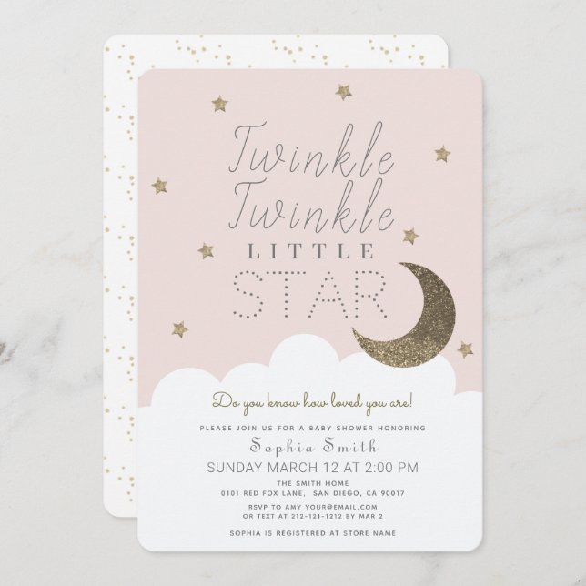 Twinkle Twinkle Little Star Blush Pink Baby Shower Invitation (Front/Back)