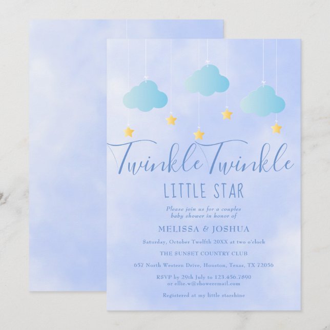 Twinkle Twinkle Little Star Boy Blue Baby Shower Invitation (Front/Back)