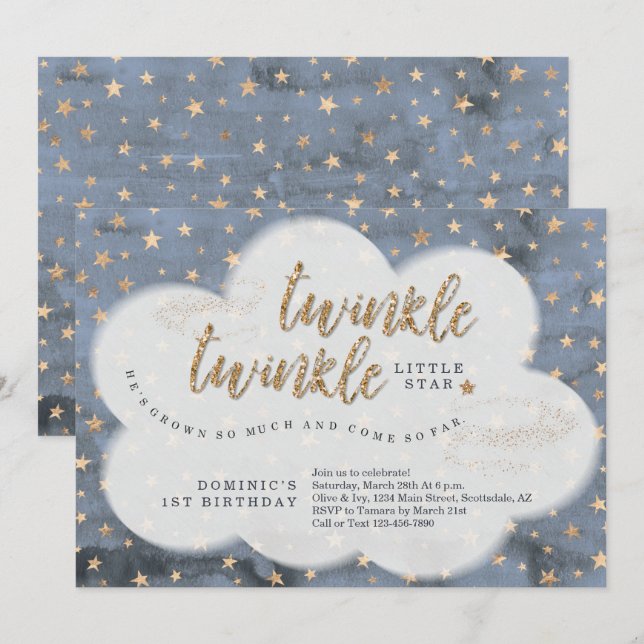 Twinkle Twinkle Little Star Boys First Birthday Invitation (Front/Back)