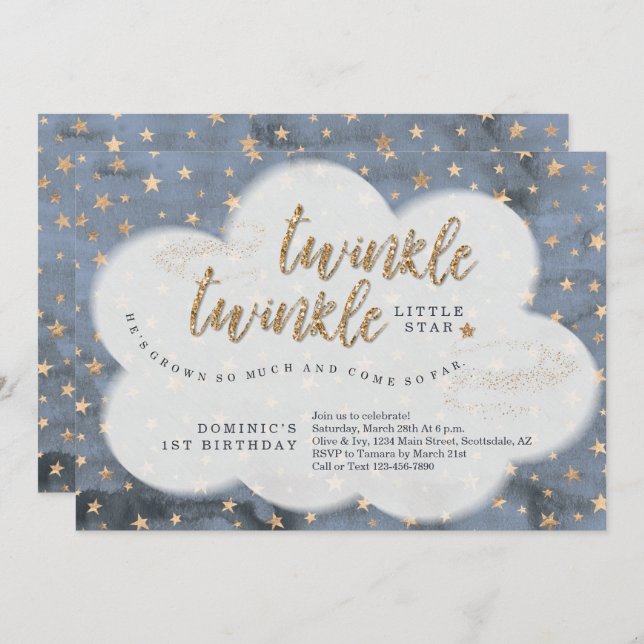 Twinkle Twinkle Little Star Boys First Birthday Invitation (Front/Back)