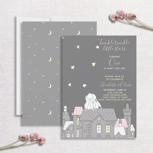 Twinkle Twinkle Little Star Bunny Twins 1st Party Invitation