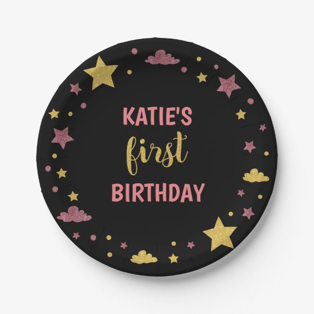 Twinkle Twinkle Little Star First Birthday Pink Paper Plates (Front)