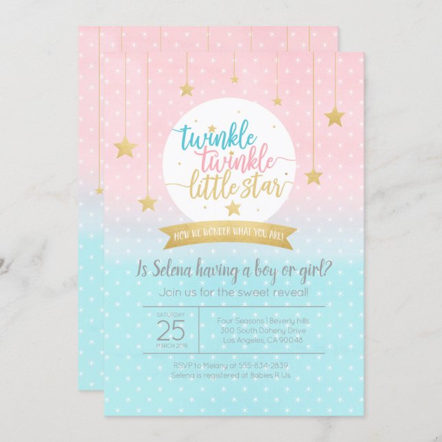 Twinkle Twinkle Little Star Gender Reveal Shower Invitation (Front/Back)