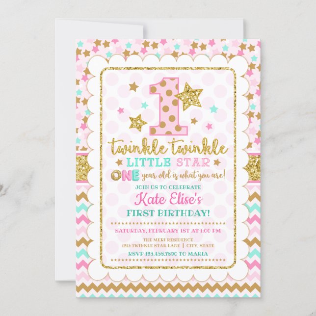 Twinkle Twinkle Little Star Girl 1st Birthday Invitation (Front)