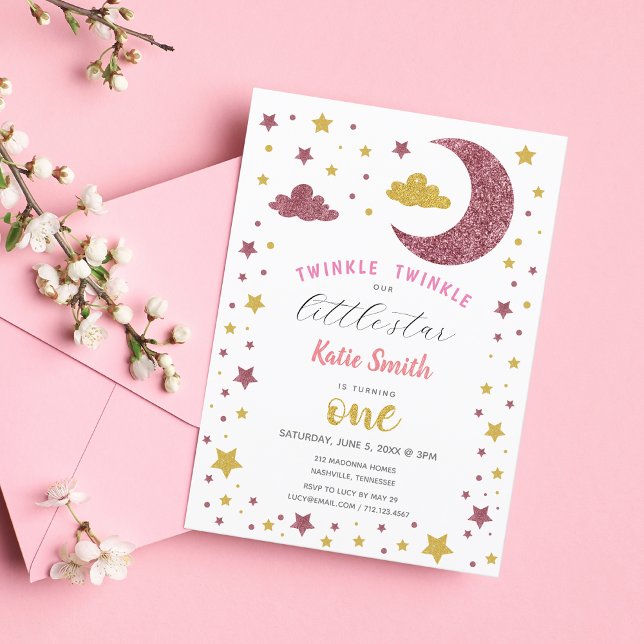 Twinkle Twinkle Little Star Glitter First Birthday Invitation (Creator Uploaded)