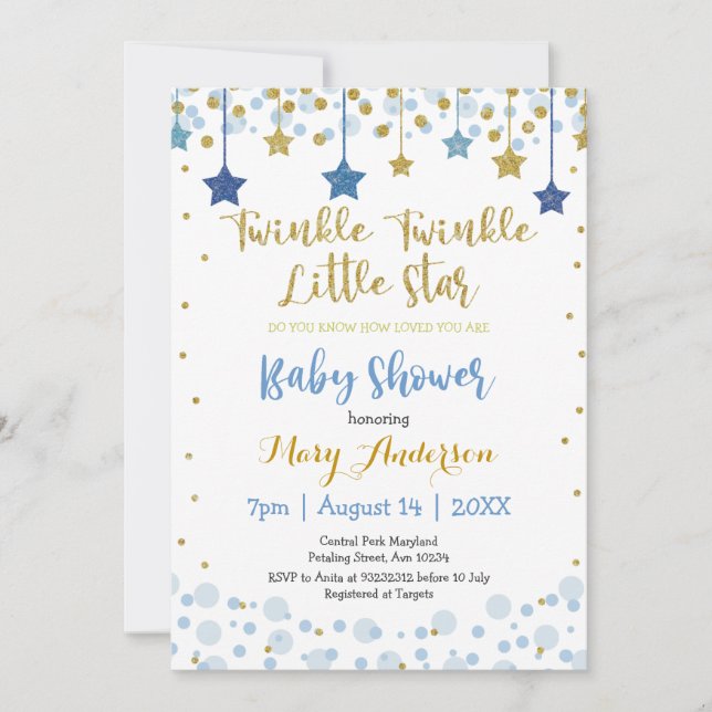 Twinkle Twinkle Little Star Gold Blue Sparkle Baby Invitation (Front)