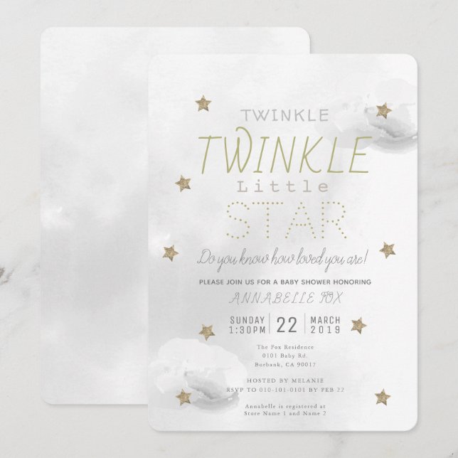 Twinkle Twinkle Little Star Gray Baby Shower Invitation (Front/Back)