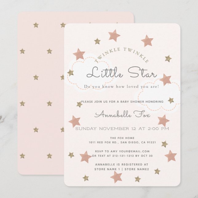 Twinkle Twinkle Little Star Pink Baby Shower Invitation (Front/Back)