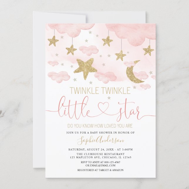  Twinkle Twinkle Little Star Pink Gold Baby Shower Invitation (Front)
