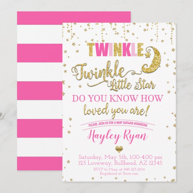 Twinkle Twinkle Little Star Pink Gold Baby Shower Invitation (Front/Back)