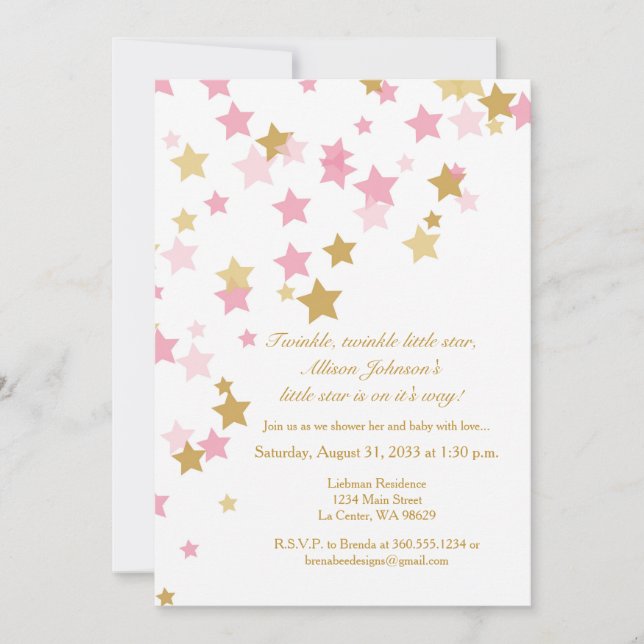 Twinkle Twinkle Little Star Pink & Gold Invitation (Front)