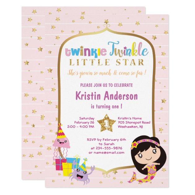 Twinkle Twinkle Little Star Pink Mermaid Birthday Invitation