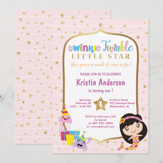 Twinkle Twinkle Little Star Pink Mermaid Birthday Invitation (Front/Back)