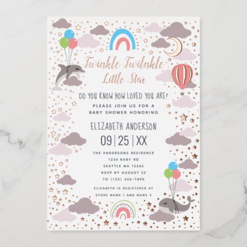 Twinkle Twinkle Little Star Sea Animal Baby Shower Foil Invitation