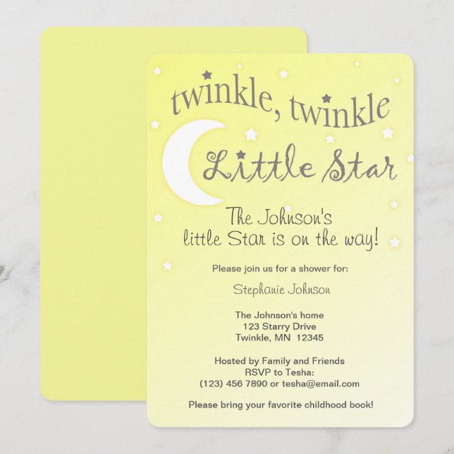 Twinkle Twinkle little star soft yellow invite (Front/Back)