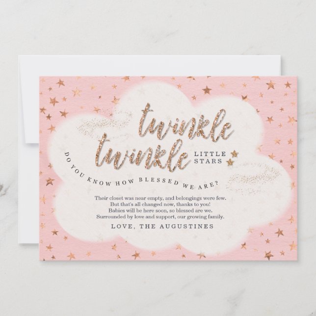 Twinkle Twinkle Little Star Twin Girls Baby Shower Thank You Card (Front)