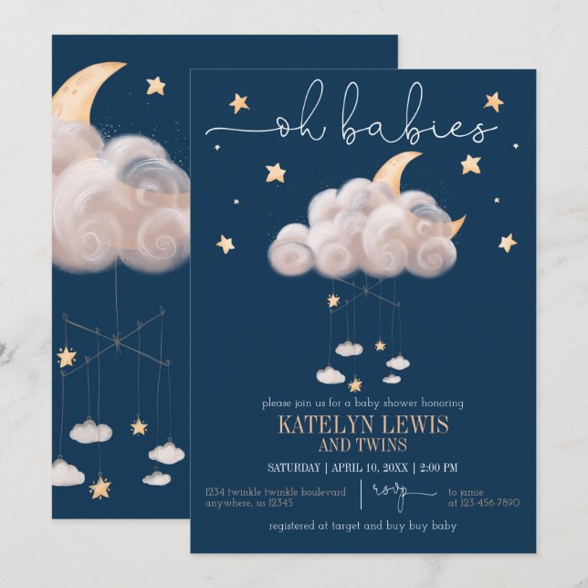 Twinkle Twinkle Little Star Twins Baby Shower Invitation (Front/Back)