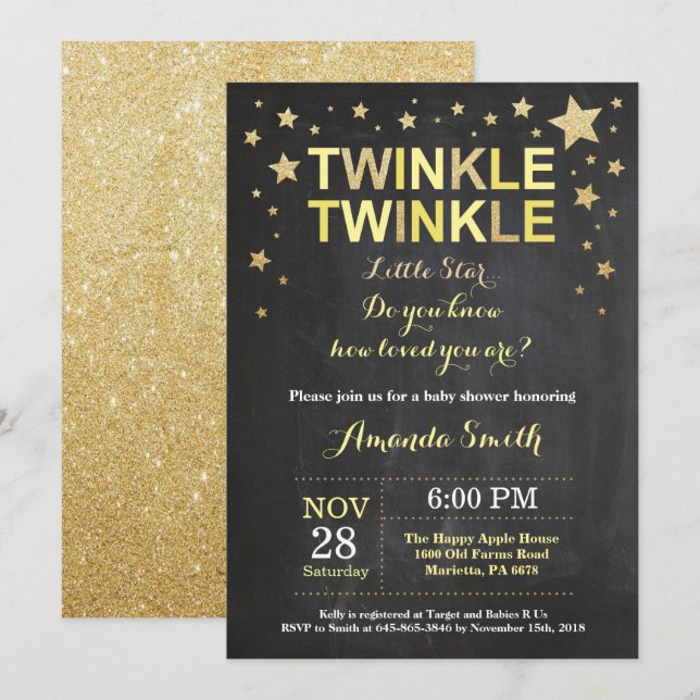 Twinkle Twinkle Little Star Yellow Baby Shower Invitation (Front/Back)