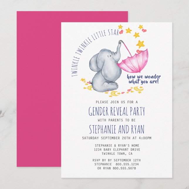 Twinkle Twinkle Navy Pink Elephant Gender Reveal Invitation (Front/Back)