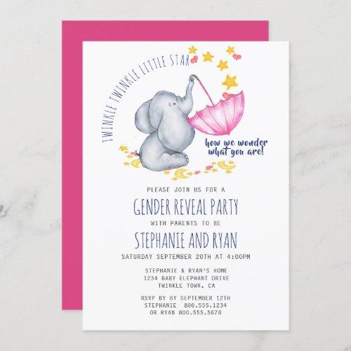 Twinkle Twinkle Navy Pink Elephant Gender Reveal Invitation
