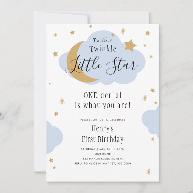 Twinkle, Twinkle, ONEderful Blue First Birthday  Invitation (Front)