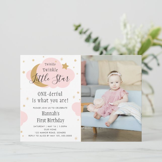 Twinkle Twinkle ONEderful Pink 1st Birthday Photo Invitation (Standing Front)