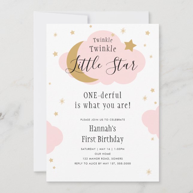 Twinkle, Twinkle, ONEderful Pink First Birthday  Invitation (Front)