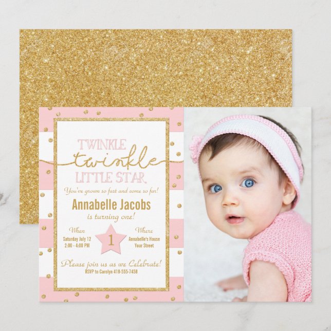 Twinkle Twinkle Pink and Gold Birthday Photo Invitation (Front/Back)