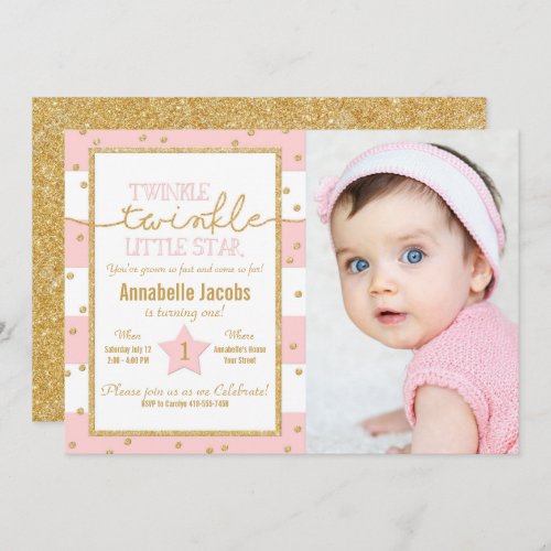 Twinkle Twinkle Pink and Gold Birthday Photo Invitation