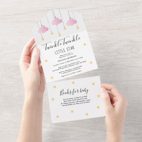 Twinkle Twinkle Pink Clouds Gold Stars Baby Shower All In One Invitation