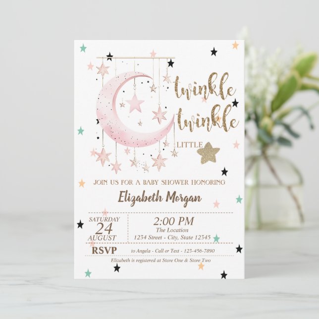 Twinkle Twinkle,Pink Stars Moon Baby Shower Invitation (Standing Front)