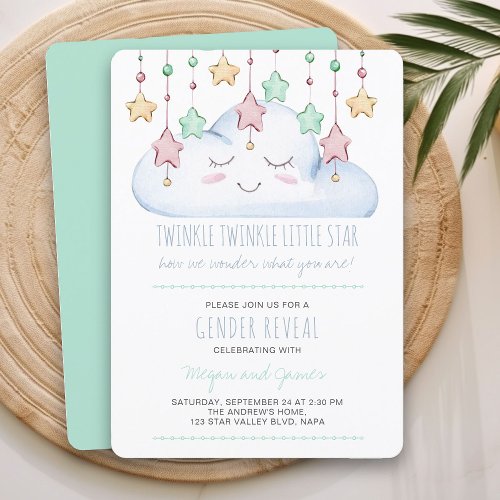 Twinkle Twinkle Star and Cloud Green Gender Reveal Invitation