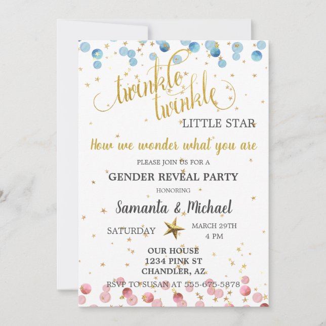 Twinkle Twinkle Star Gold Gender Reveal Party Invitation (Front)