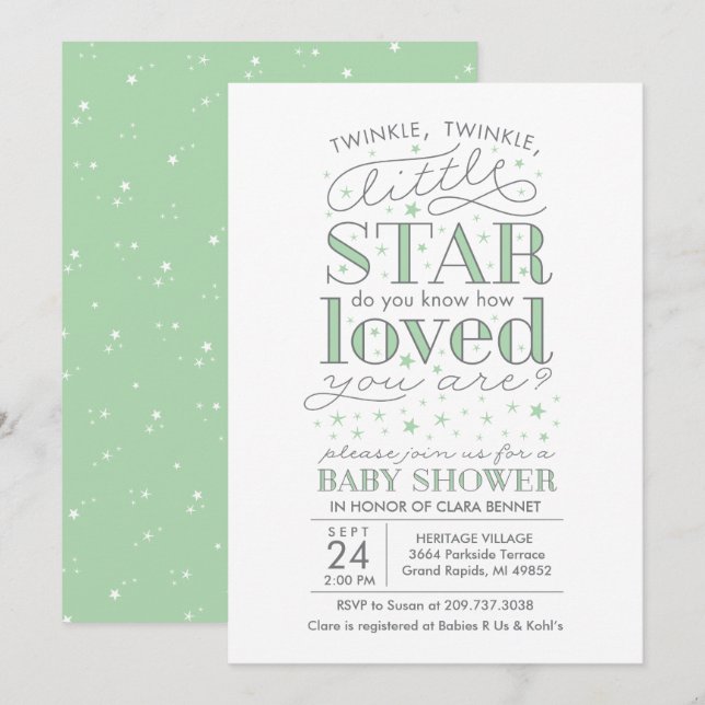 Twinkle Twinkle Star Theme Baby Shower Mint Green Invitation (Front/Back)