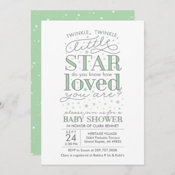 Twinkle Twinkle Star Theme Baby Shower Mint Green Invitation by BanterandCharm at Zazzle