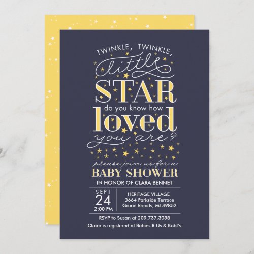 Twinkle Twinkle Star Theme Navy Baby Shower Invitation