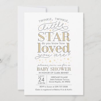 Twinkle Twinkle Star Theme Yellow Baby Shower Invitation by BanterandCharm at Zazzle