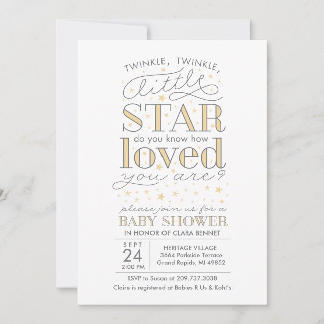 Twinkle Twinkle Star Theme Yellow Baby Shower Invitation (Front)