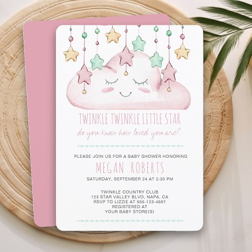 Twinkle Twinkle Stars and Cloud Girl Baby Shower Invitation