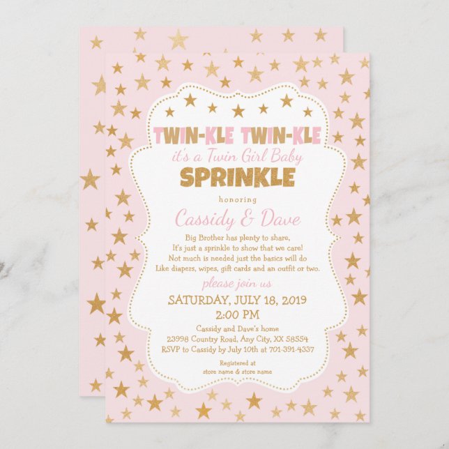 Twinkle Twins Baby Sprinkle, twin girls shower Invitation (Front/Back)