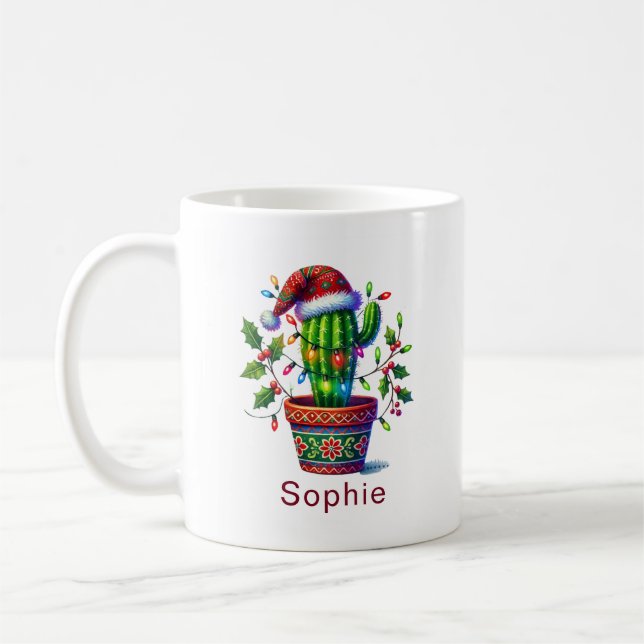 Twinkling Cactus Christmas Coffee Mug (Left)