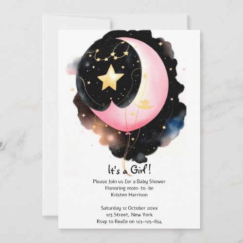 Twinkling Celestial Moon  Stars Girl Baby Shower Invitation