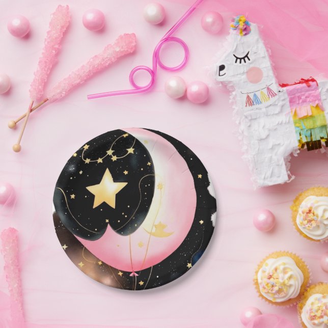 Twinkling Celestial: Moon & Stars Girl Baby Shower Paper Plates (Party)