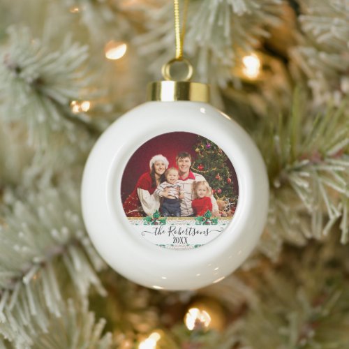 Twinkling Gold Glitter Our Family Christmas Photo Ceramic Ball Christmas Ornament