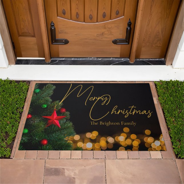 Twinkling Gold Lights Modern Merry Christmas Party Doormat (Outdoor)