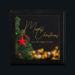 Twinkling Gold Lights Modern Merry Christmas Party Gift Box<br><div class="desc">This gorgeous Merry Christmas gift box features modern gold handwritten script over twinkling lights next to a festive Christmas tree that is decorated with red and green ornaments. Customize your elegant holiday presents with personalized script over the black night sky.</div>