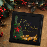 Twinkling Gold Lights Modern Merry Christmas Party Gift Box<br><div class="desc">This gorgeous Merry Christmas gift box features modern gold handwritten script over twinkling lights next to a festive Christmas tree that is decorated with red and green ornaments. Customize your elegant holiday presents with personalized script over the black night sky.</div>