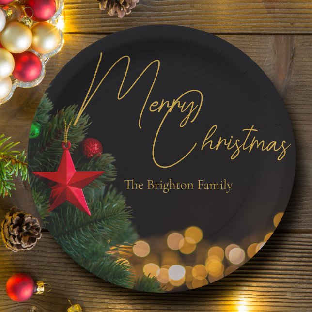 Twinkling Gold Lights Modern Merry Christmas Party Paper Plates (Creator Uploaded)