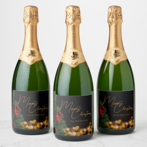 Twinkling Gold Lights Modern Merry Christmas Party Sparkling Wine Label